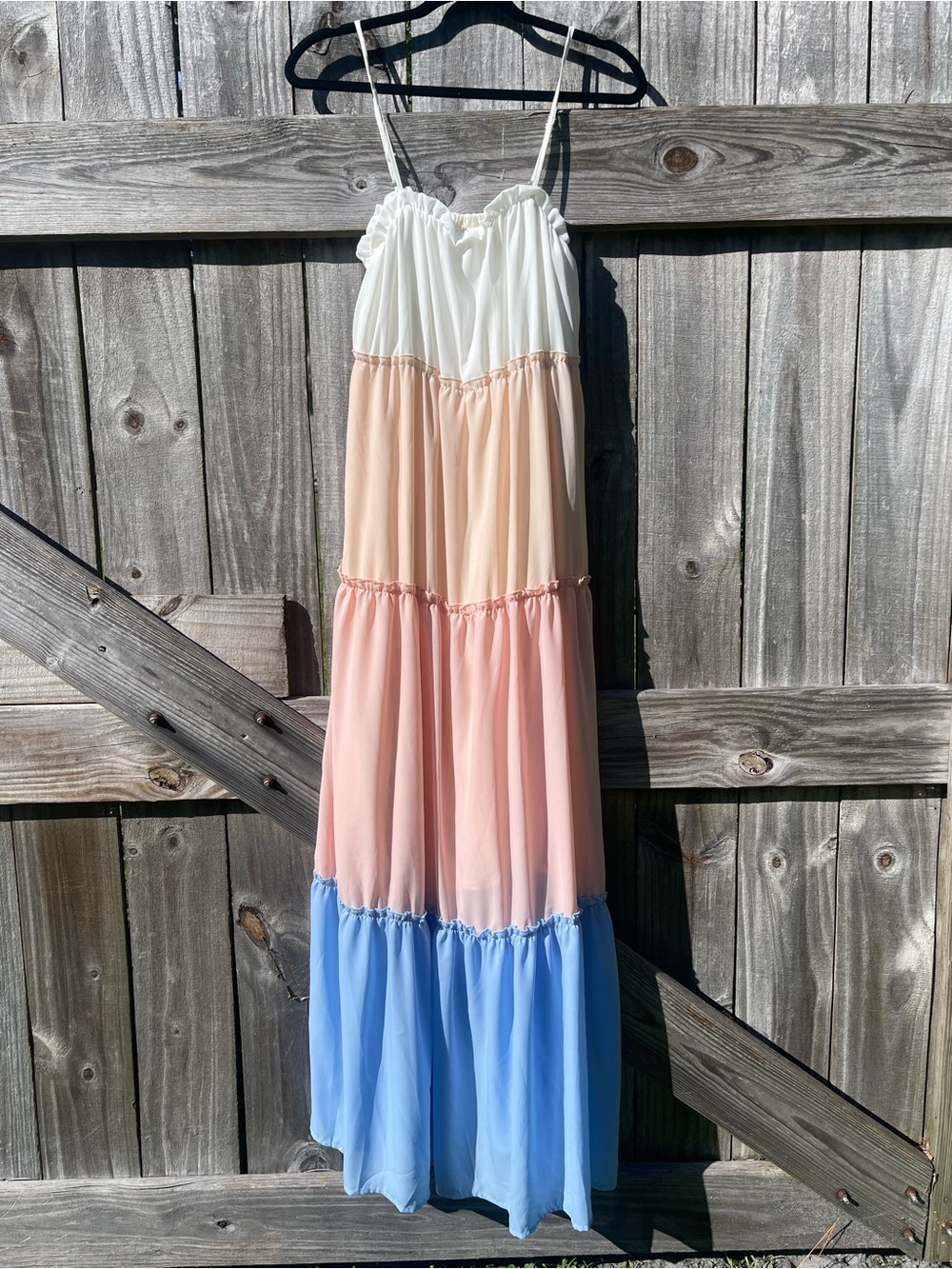 Main Strip Tiered Maxi Dress in White, Peach, Pink & Blue Sz S